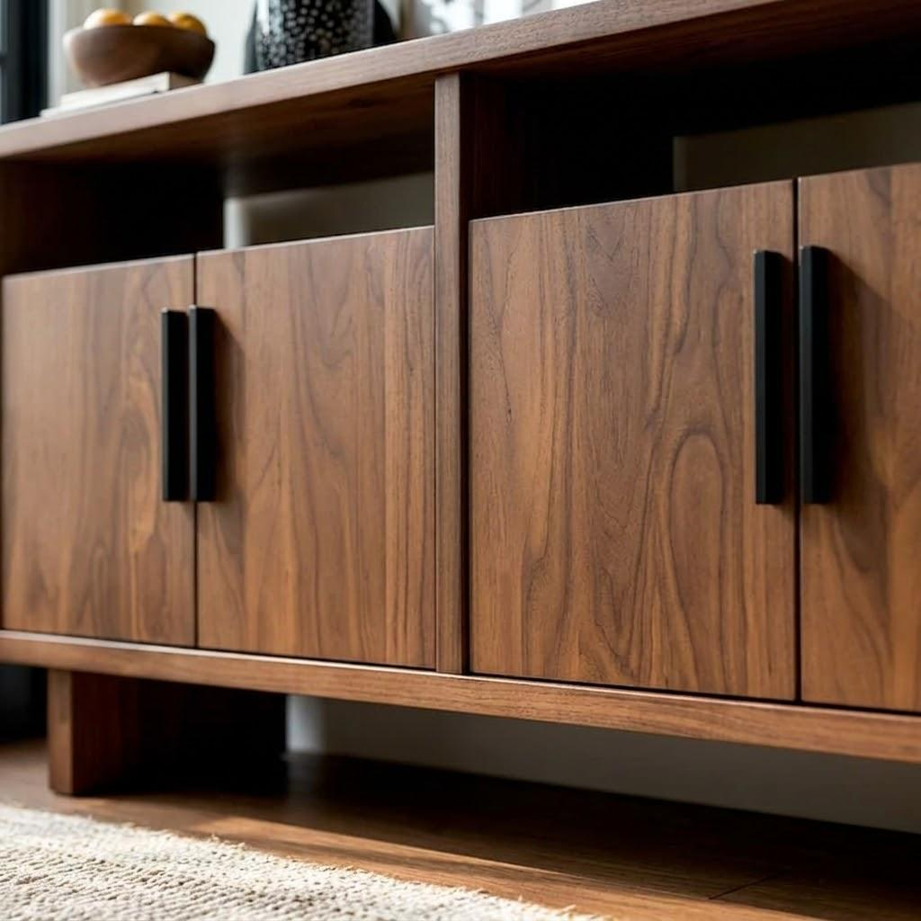 Wooden sideboard with decorative items in a room with large windows.
