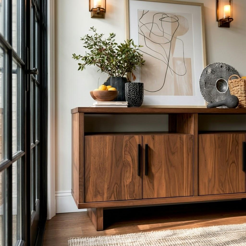 Wooden sideboard with decorative items in a room with large windows.