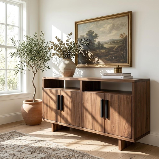 A mid-century modern wooden sideboard cabinet in a warm medium brown finish, styled in a bright room with a large framed landscape painting, a potted olive tree, and a patterned rug.