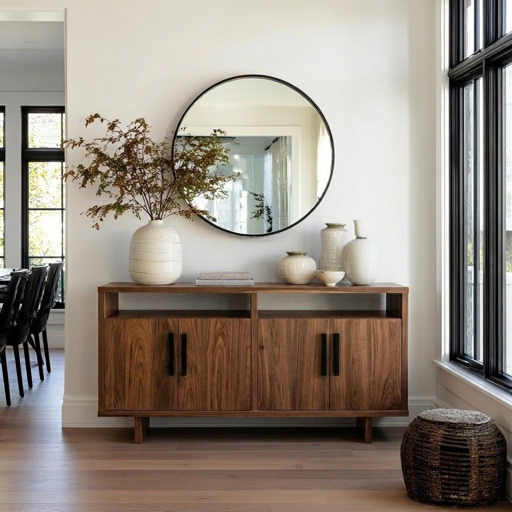 A modern wooden sideboard or credenza in a bright room, styled with a large round black-framed mirror, ceramic vases, and a white vase with branches. The credenza has two cabinet doors with black handles and is set against a white wall.