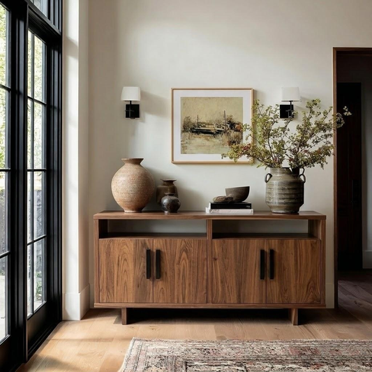 A mid-century modern wooden sideboard cabinet styled in a bright, minimalist entryway. The cabinet features a warm walnut wood finish, open shelving, and two lower cabinet doors with sleek black vertical handles.