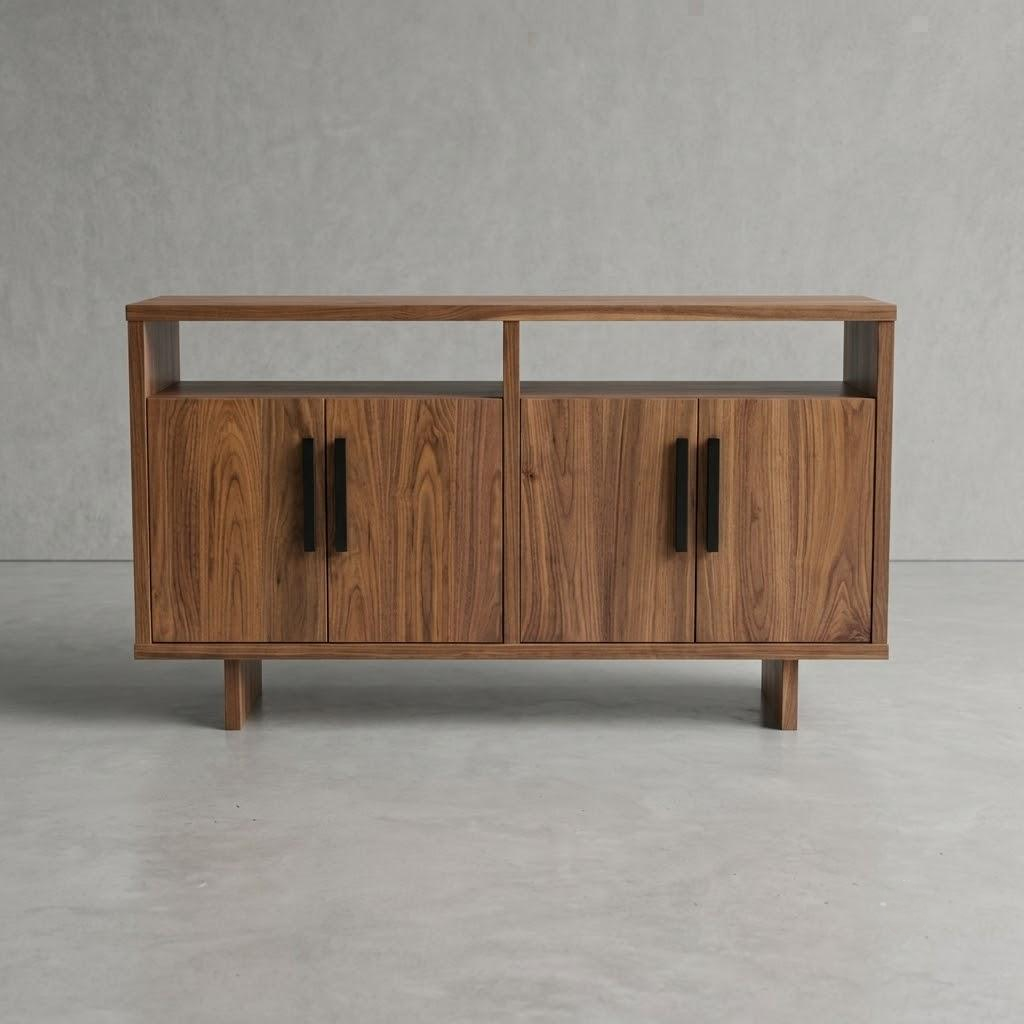 A mid-century modern wooden sideboard with two cabinet doors, open shelving above, and tapered legs, shown against a textured gray wall and concrete floor.
