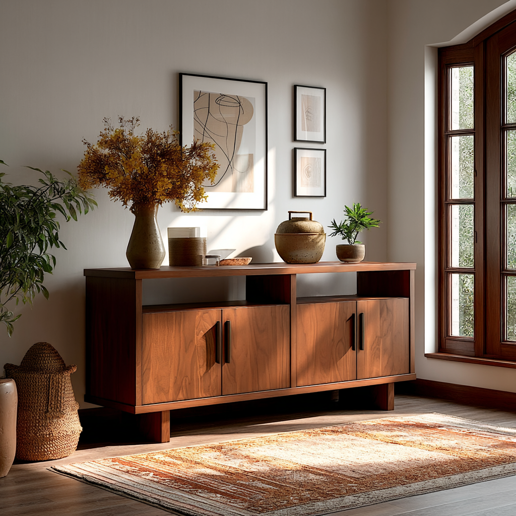 A wooden dining room buffet table with hutch, featuring black walnut wood stain, displayed in a room setting with decorative items on top and a plant to the side.