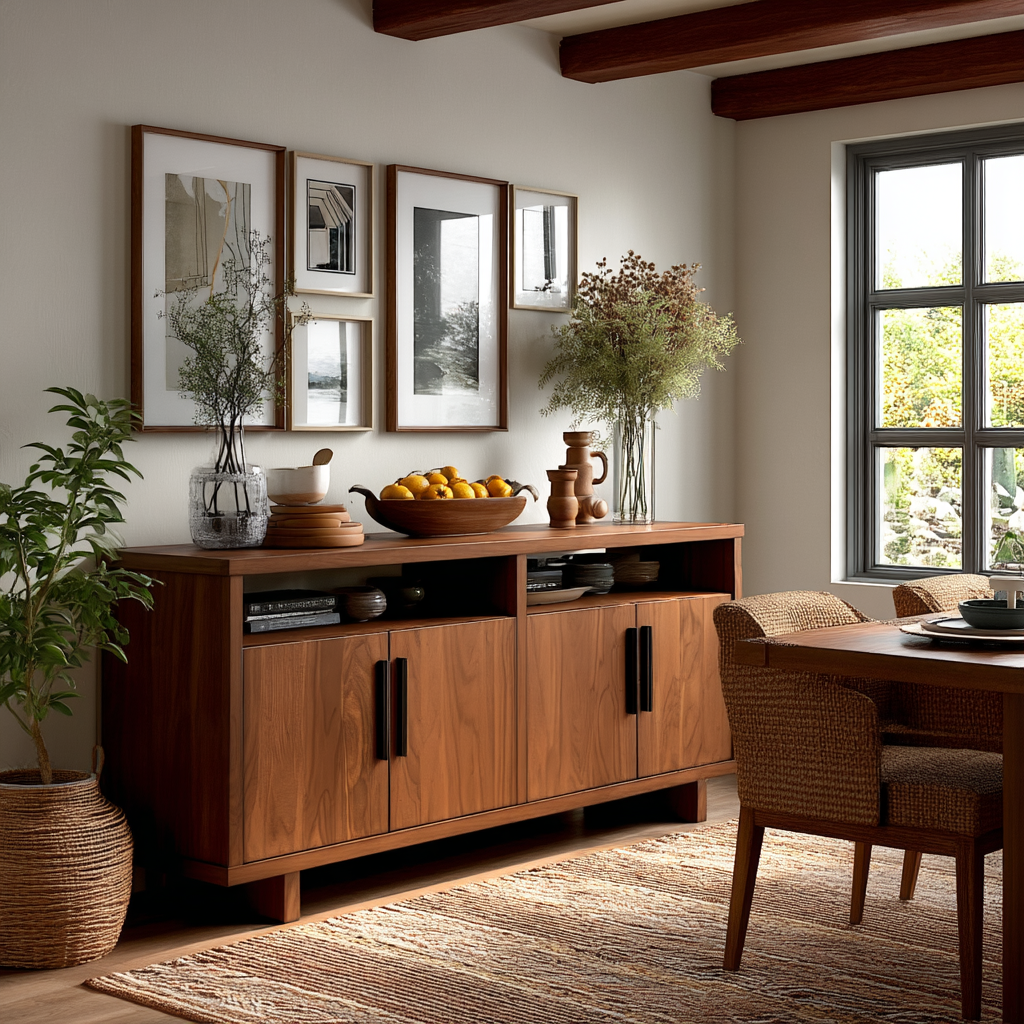 A wooden dining room buffet table with hutch, featuring black walnut wood stain, displayed in a room setting with decorative items on top and a plant to the side.