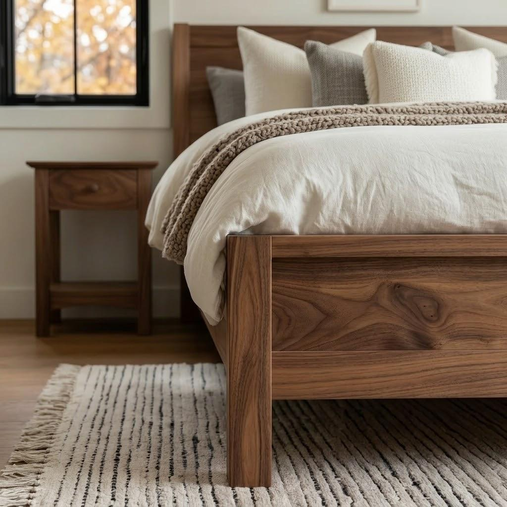 Wooden bed with white bedding and a nightstand in a bedroom setting