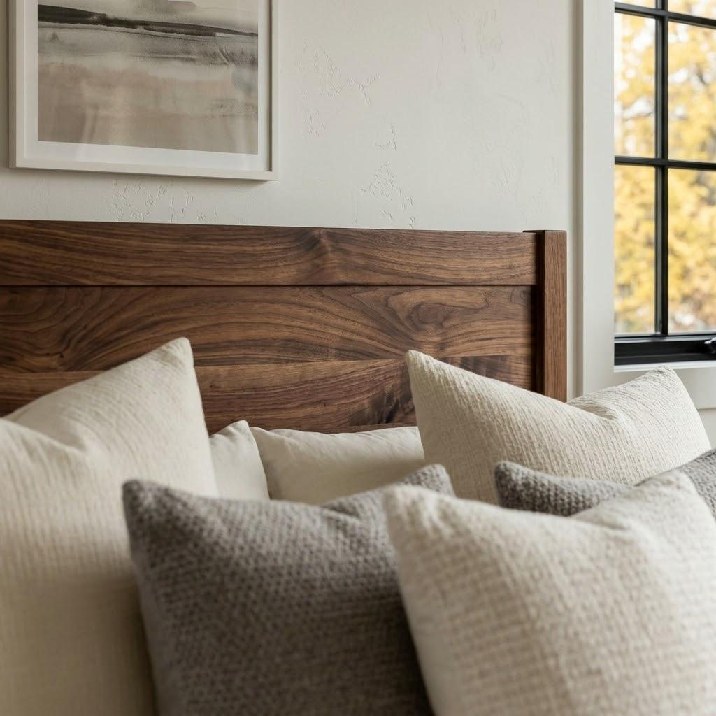 Bed with wooden headboard and pillows near a window with autumn foliage.