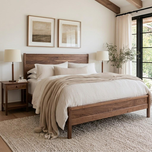 A rustic wooden bed frame with a matching headboard and footboard, dressed in cream bedding and a beige throw blanket, styled in a bright, modern bedroom with two bedside tables, lamps, and framed art.