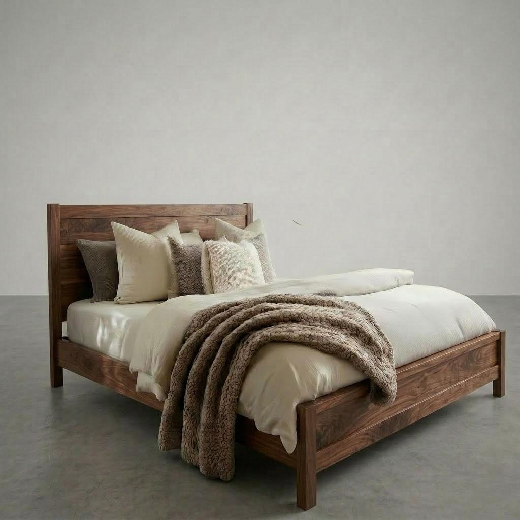 A wooden bed frame in a large empty room
