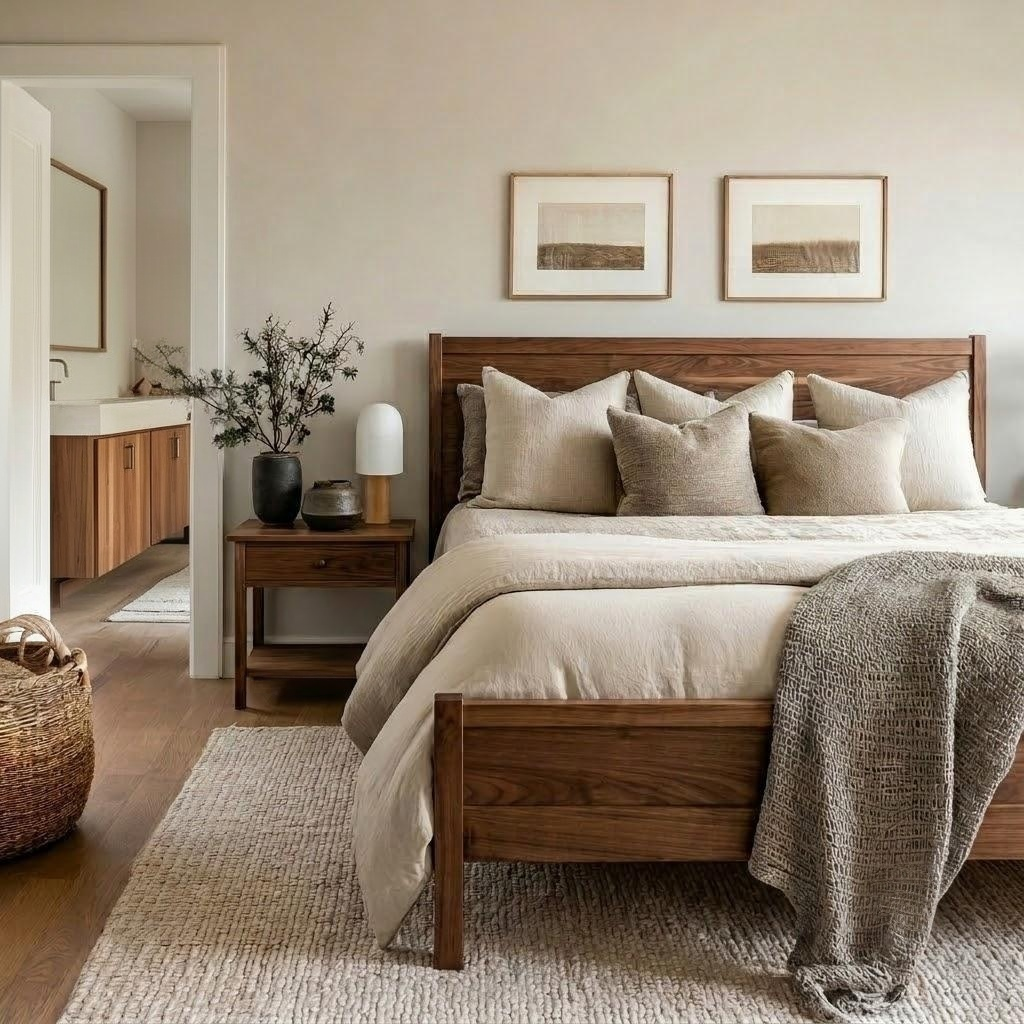 A warm, modern bedroom featuring a wooden bed frame with beige linens, matching pillows, a textured gray throw blanket, and a rustic nightstand with decorative accents.