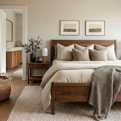 A warm, modern bedroom featuring a wooden bed frame with beige linens, matching pillows, a textured gray throw blanket, and a rustic nightstand with decorative accents.