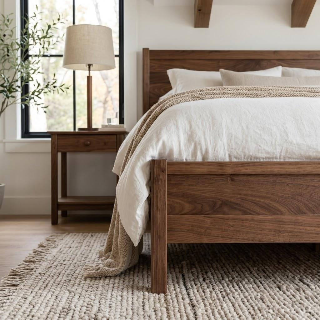 A warm medium-brown wooden bed frame with a matching headboard and footboard, styled with white linens and a beige throw blanket in a bright, modern bedroom.