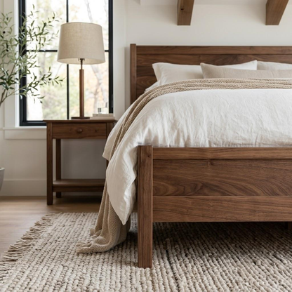 A warm medium-brown wooden bed frame with a matching headboard and footboard, styled with white linens and a beige throw blanket in a bright, modern bedroom.