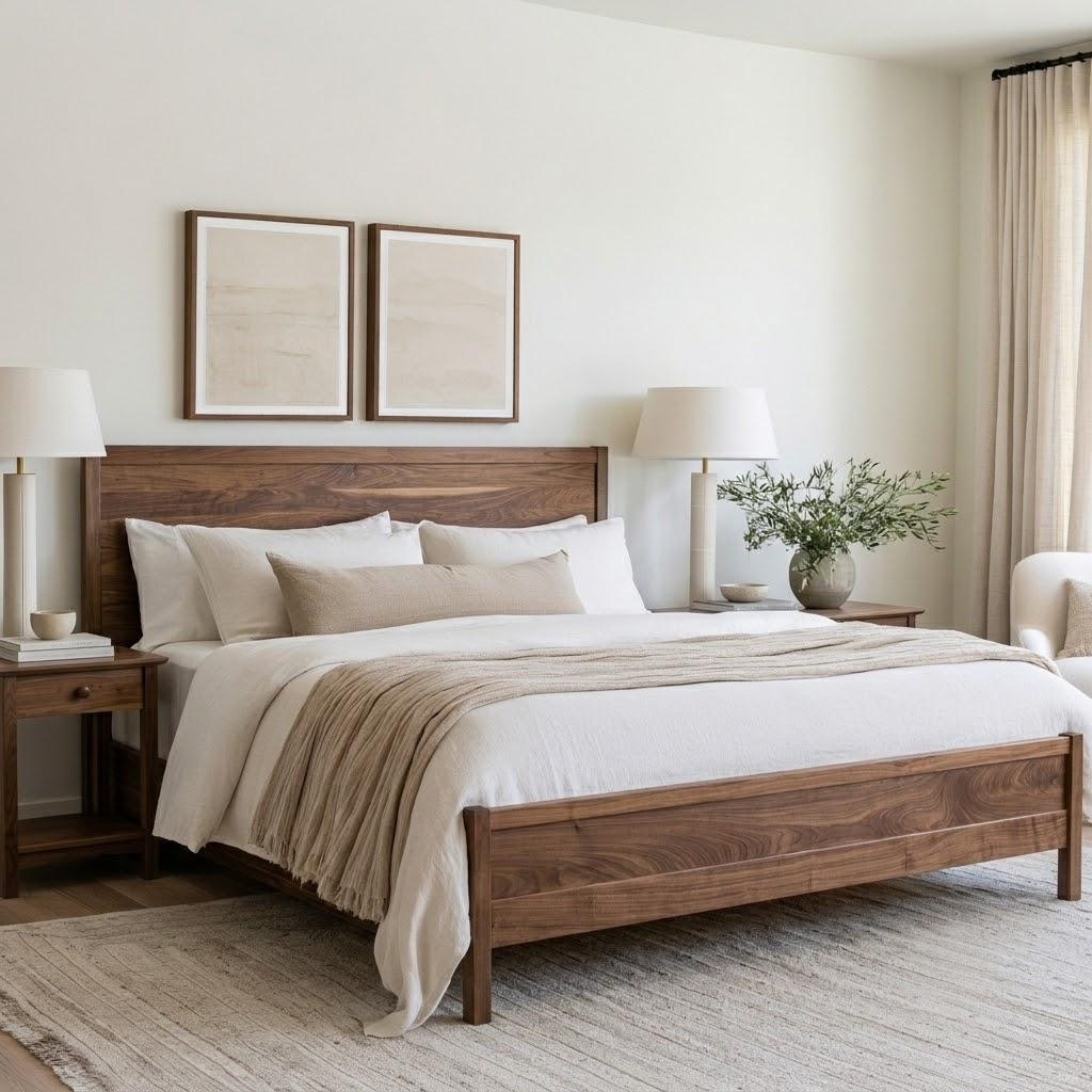 A mid-century modern wooden bed frame with a dark walnut finish, styled with white and beige bedding, nightstands, and lamps in a bright, neutral-toned bedroom.