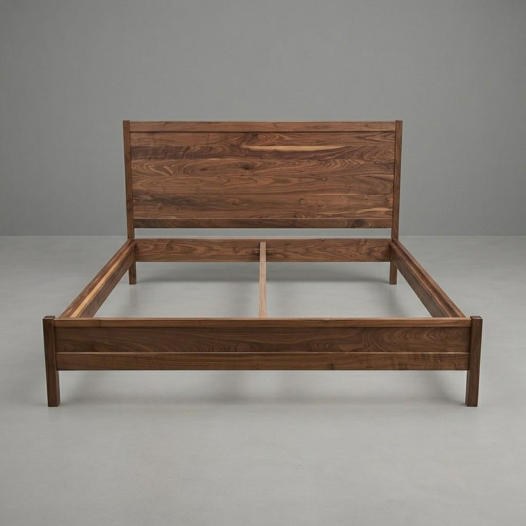 A wooden bed frame with a matching headboard, made from dark brown wood with visible grain patterns, photographed against a neutral gray studio background.