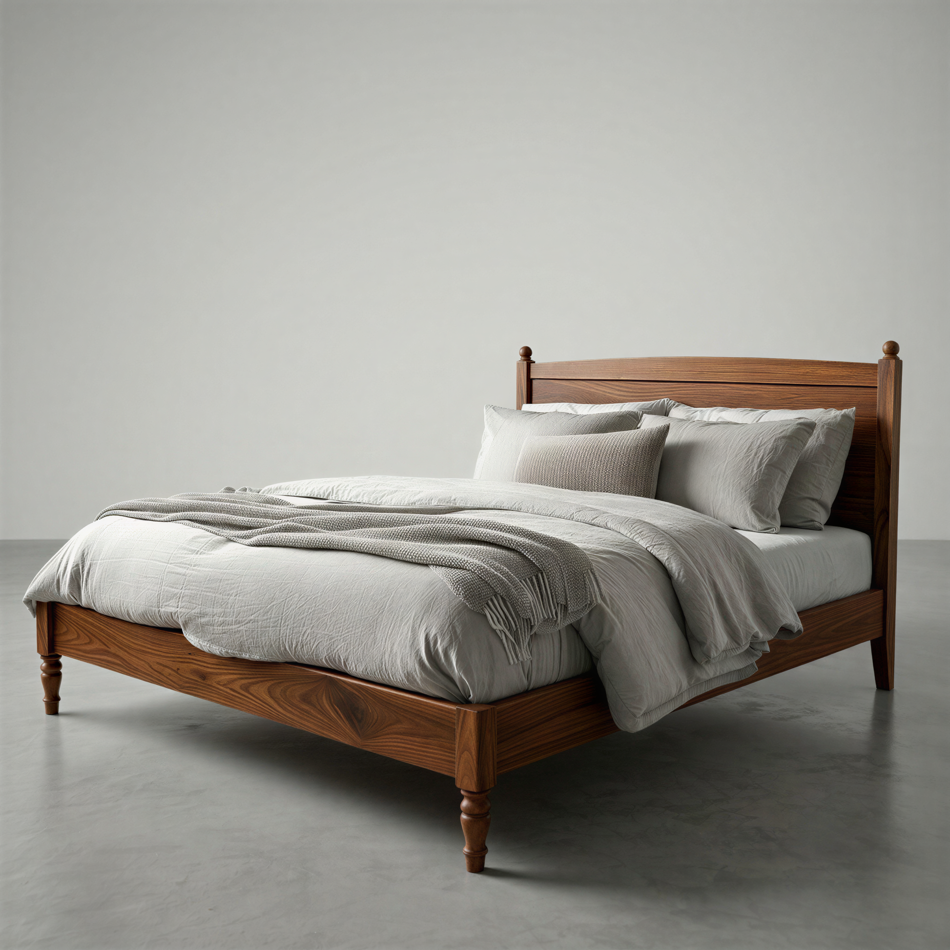 Wooden bed with white bedding against a gray background