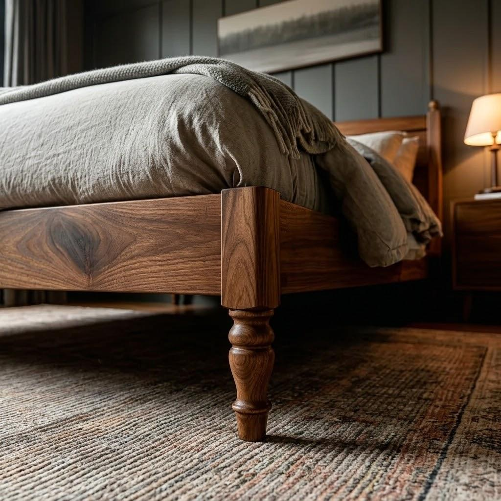 Wooden bed with green bedding in a bedroom setting