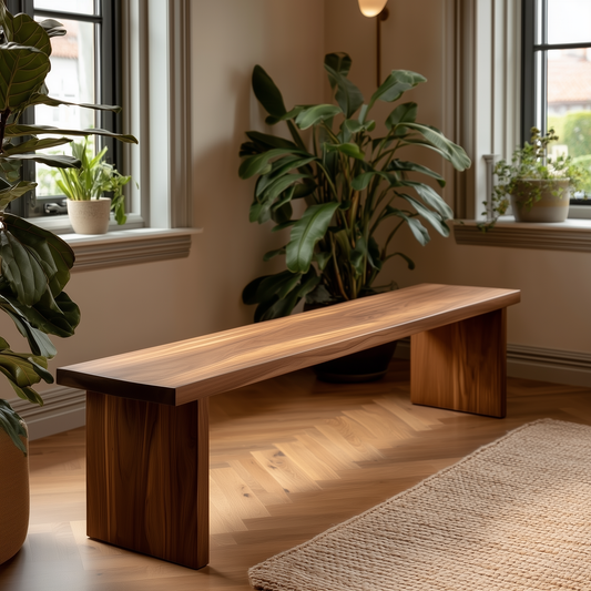 Wooden bench in a room with plants and natural light