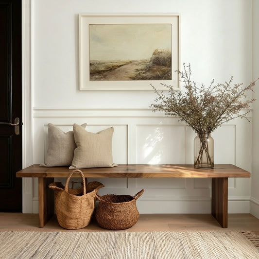 Wooden bench in a room with a dead plant and natural light