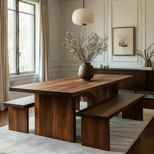 Wooden dining table with benches in a modern living room.