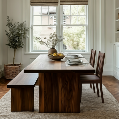 Dining room with wooden table and chairs, plants, and a bowl of fruit.