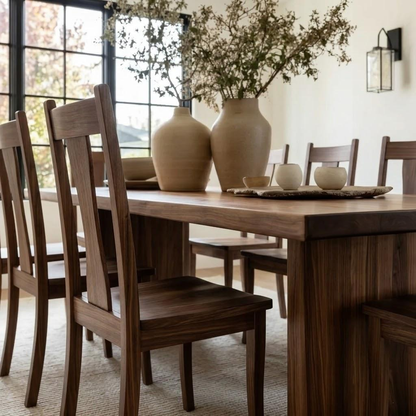 Dining room with wooden table and chairs, featuring decorative vases and a window in the background.
