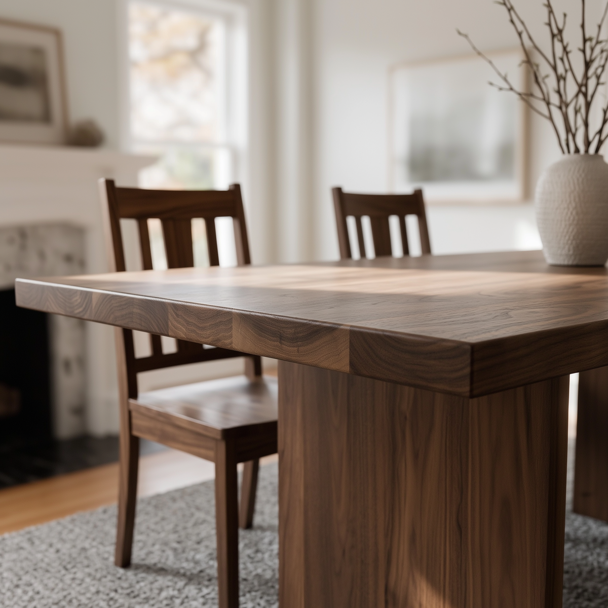 A close-up of a dark wood dining table with a thick rectangular top and block pedestal base, shown in a softly lit dining room with two matching wooden chairs and a white vase on the table.