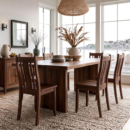A dark brown wooden dining table with matching slat-back chairs in a bright, modern dining room with large windows and a woven pendant light overhead.