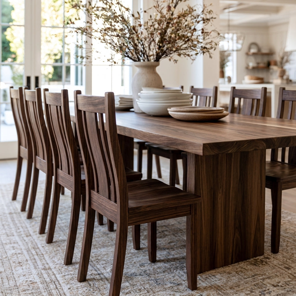 A dark brown wooden dining table with matching slatted-back chairs, styled with white plates and a large ceramic vase of branches in a bright, modern dining room.