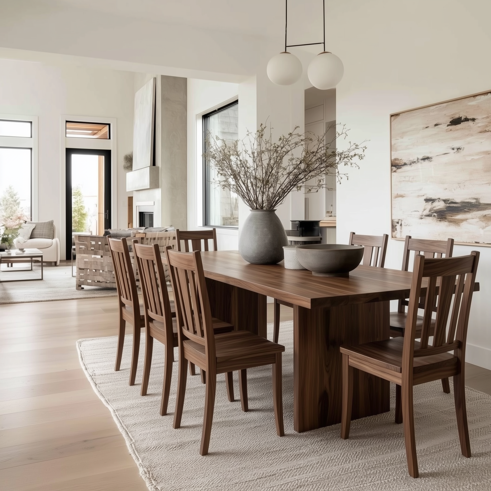 A modern dining room featuring a dark brown wooden dining table and matching slatted chairs on a light beige textured rug. A large gray ceramic vase with dried branches and a dark gray bowl sit on the table.