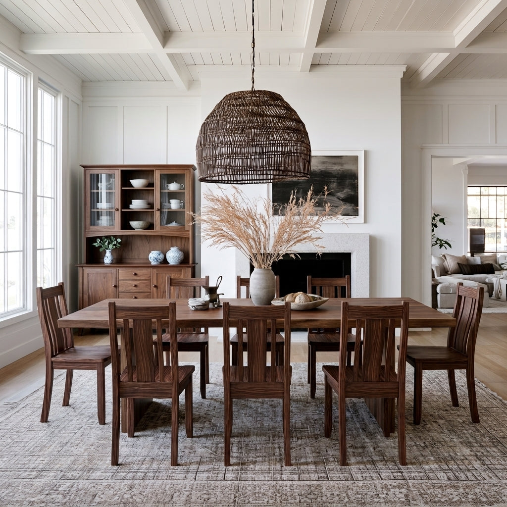 A dining room scene with a dark wood rectangular table and matching chairs, a large woven pendant light overhead, a patterned area rug, and a wood hutch against a white paneled wall.