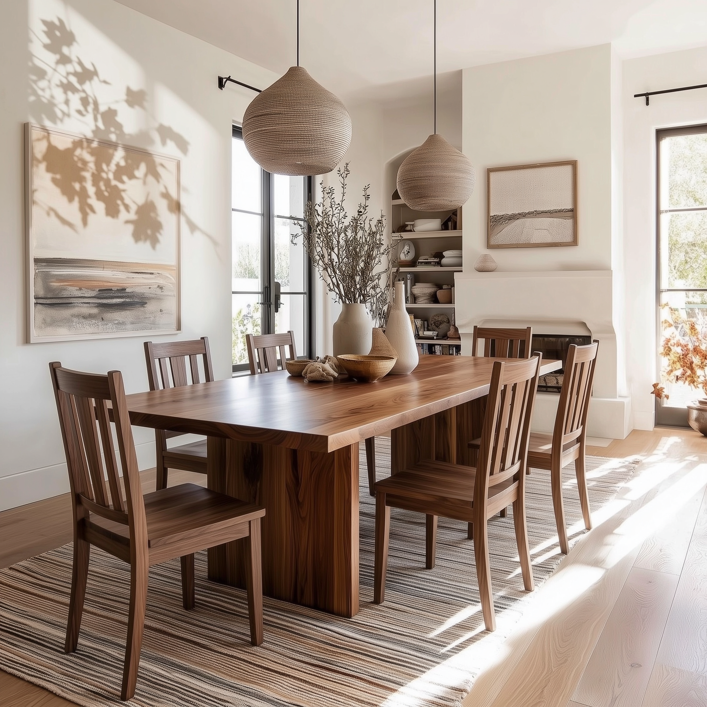 A modern dining room featuring a rectangular wooden dining table and six matching wooden chairs, styled with woven pendant lights, ceramic vases, and a striped area rug in a bright, sunlit room.