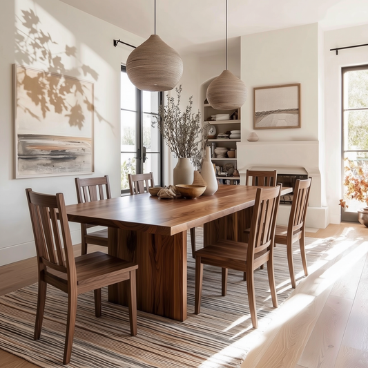 A modern dining room featuring a rectangular wooden dining table and six matching wooden chairs, styled with woven pendant lights, ceramic vases, and a striped area rug in a bright, sunlit room.