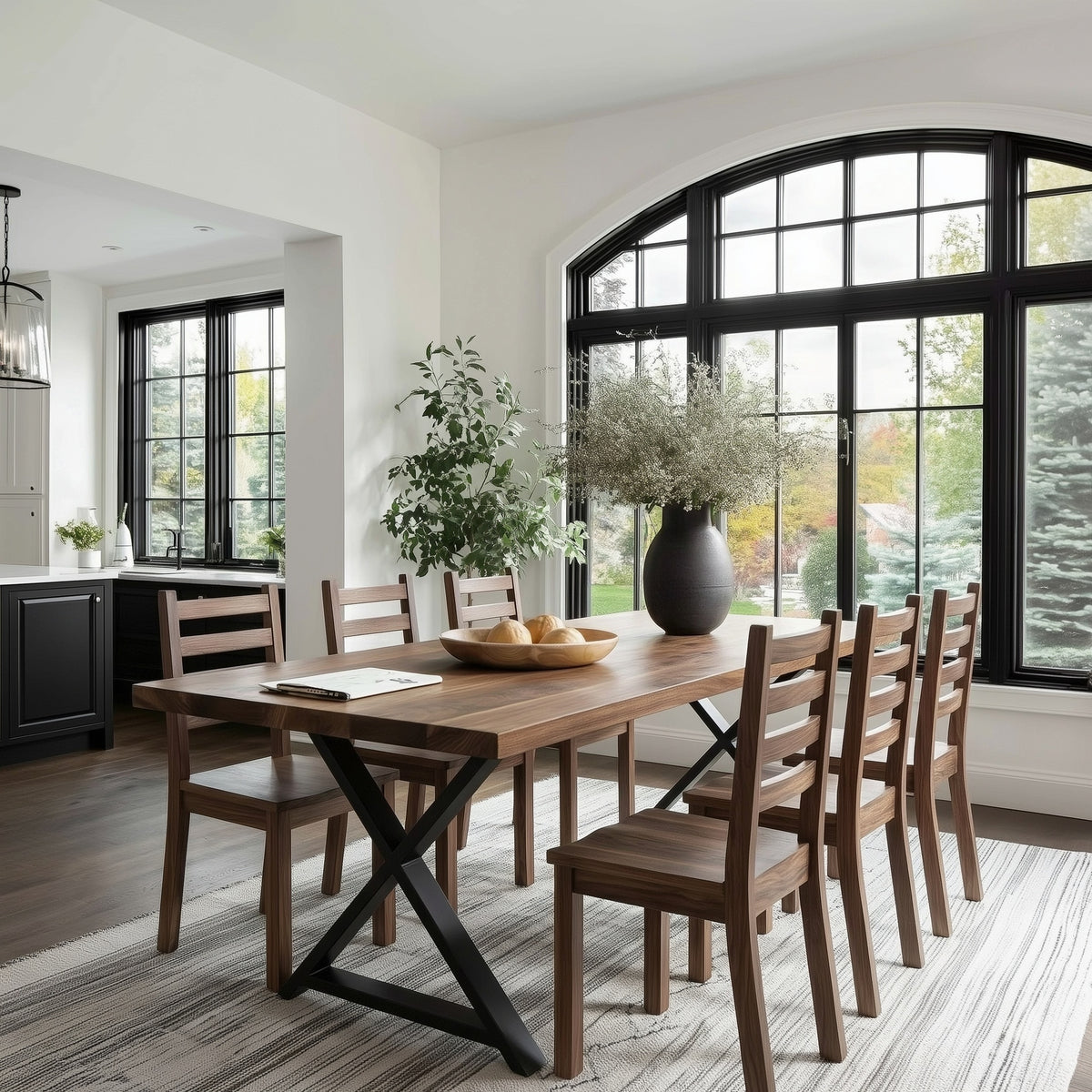 Dining room with wooden table and chairs near large windows