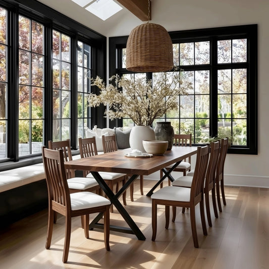 Dining room with wooden table and chairs, large windows, and decorative elements.