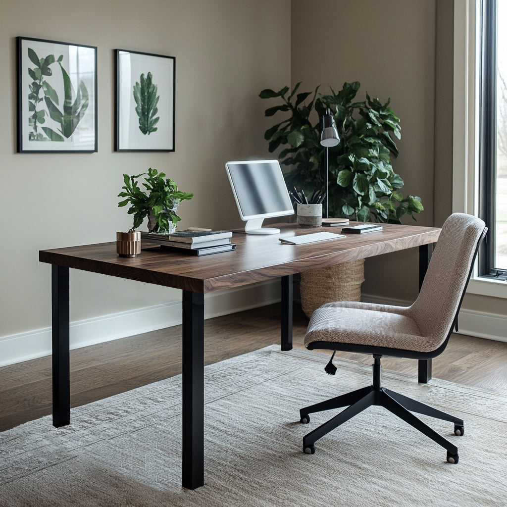 A modern desk with a wood top and metal legs, arranged in an office setting with a chair, plants, and a computer setup.