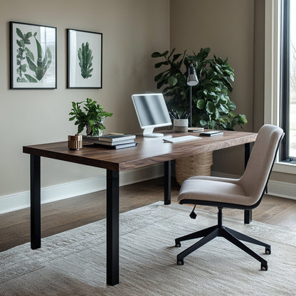 A modern desk with a wood top and metal legs, arranged in an office setting with a chair, plants, and a computer setup.