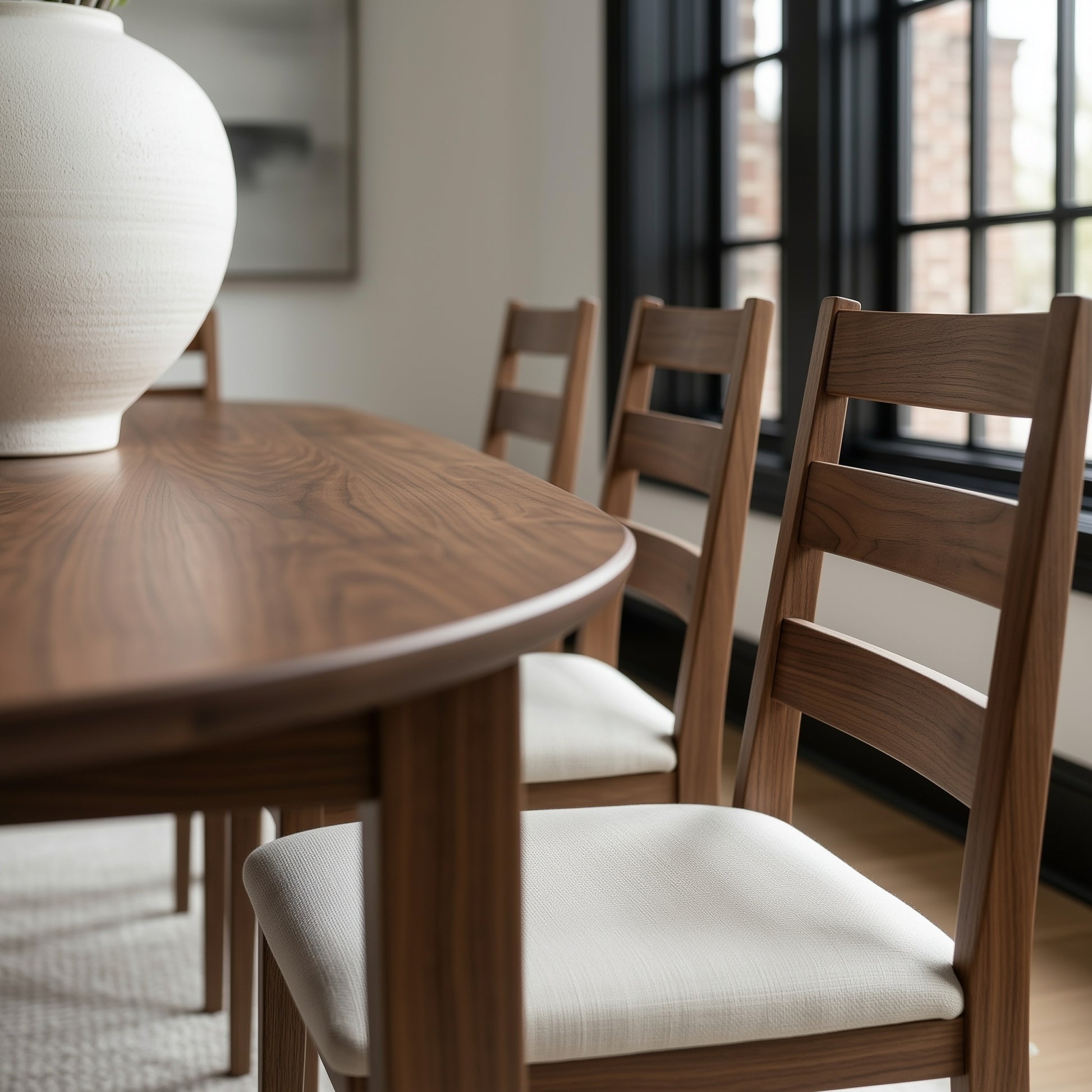Dining room with wooden table and chairs, large windows, and a white rug.