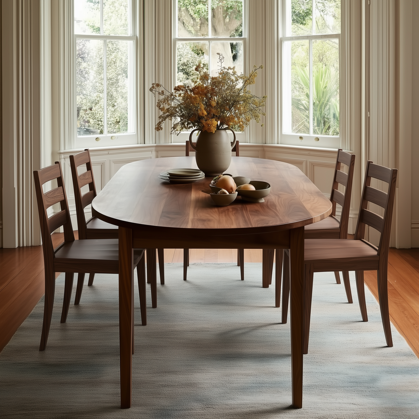 Dining room with wooden table and chairs, decorated with a vase and fruit bowl.