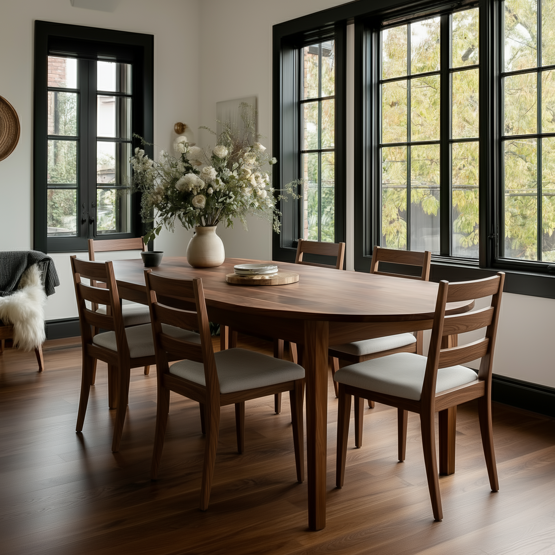 Dining room with wooden table and chairs near large windows