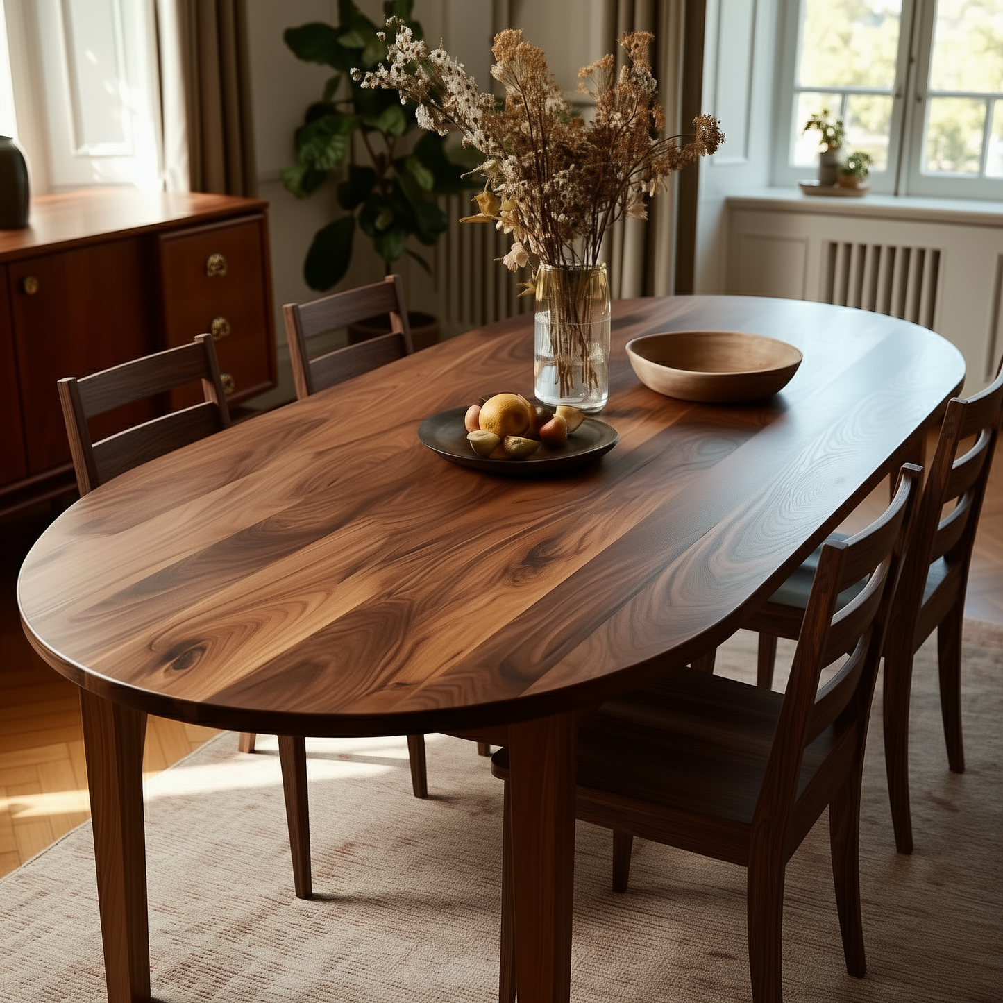 Wooden dining table with chairs in a room with natural light