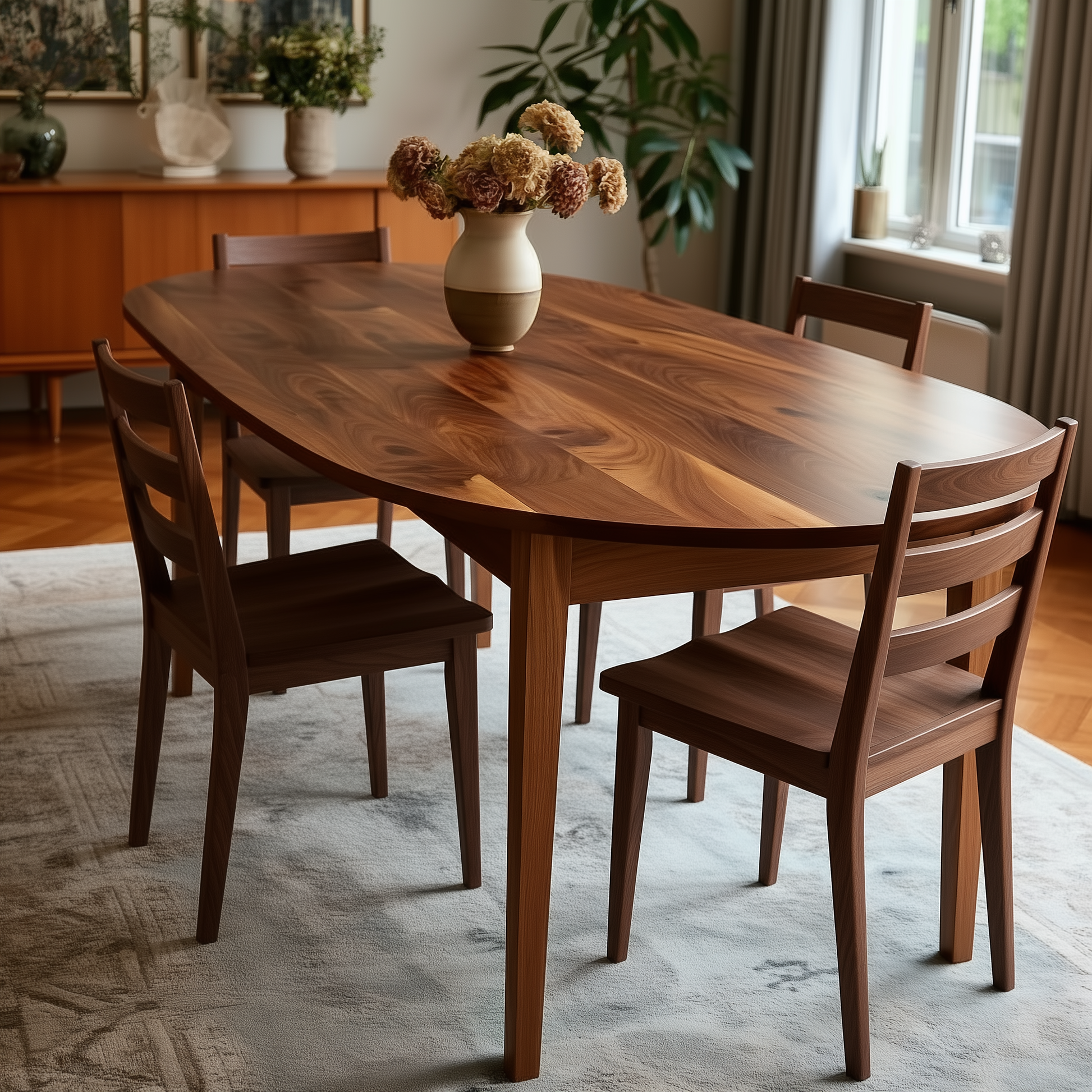 Wooden dining table with chairs in a room with a rug and decor.