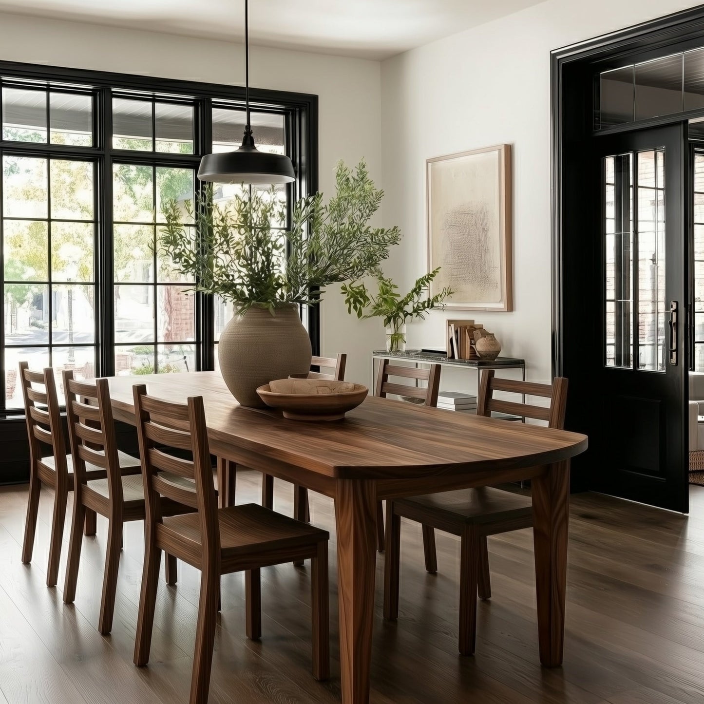 Dining room with wooden table and chairs, large window, and decorative elements.