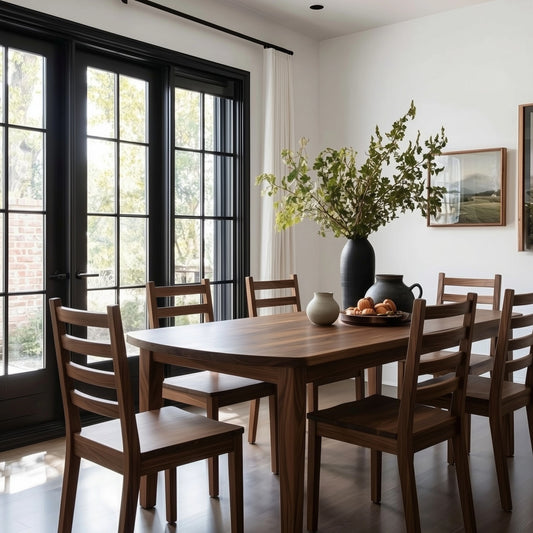 Dining room with wooden table and chairs, large windows, and decorative elements.