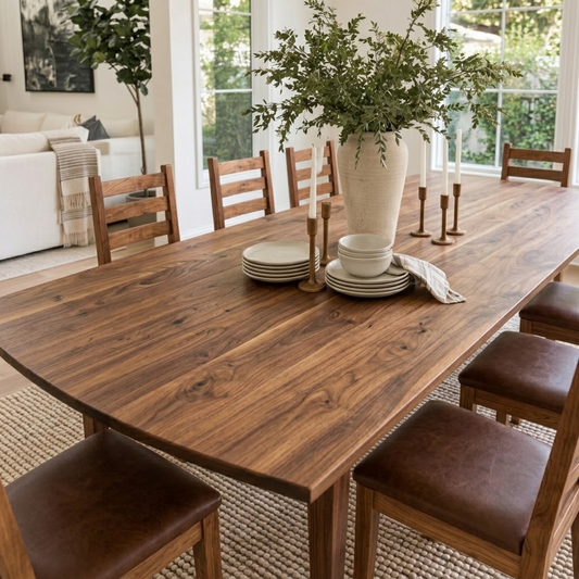 A walnut Phillips dining table with visible wood grain, surrounded by matching Coleman chairs with dark brown upholstered leather seats. A large white vase with leafy greenery, stacked white plates, and candlesticks sit on the table in a bright, modern dining room with large windows and a sofa in the background.