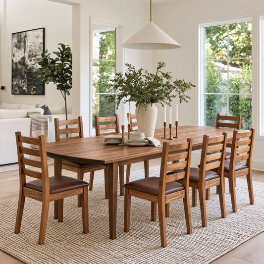 A walnut Phillips dining table with visible wood grain, surrounded by matching Coleman chairs with dark brown upholstered leather seats. A large white vase with leafy greenery, stacked white plates, and candlesticks sit on the table in a bright, modern dining room with large windows and a sofa in the background.