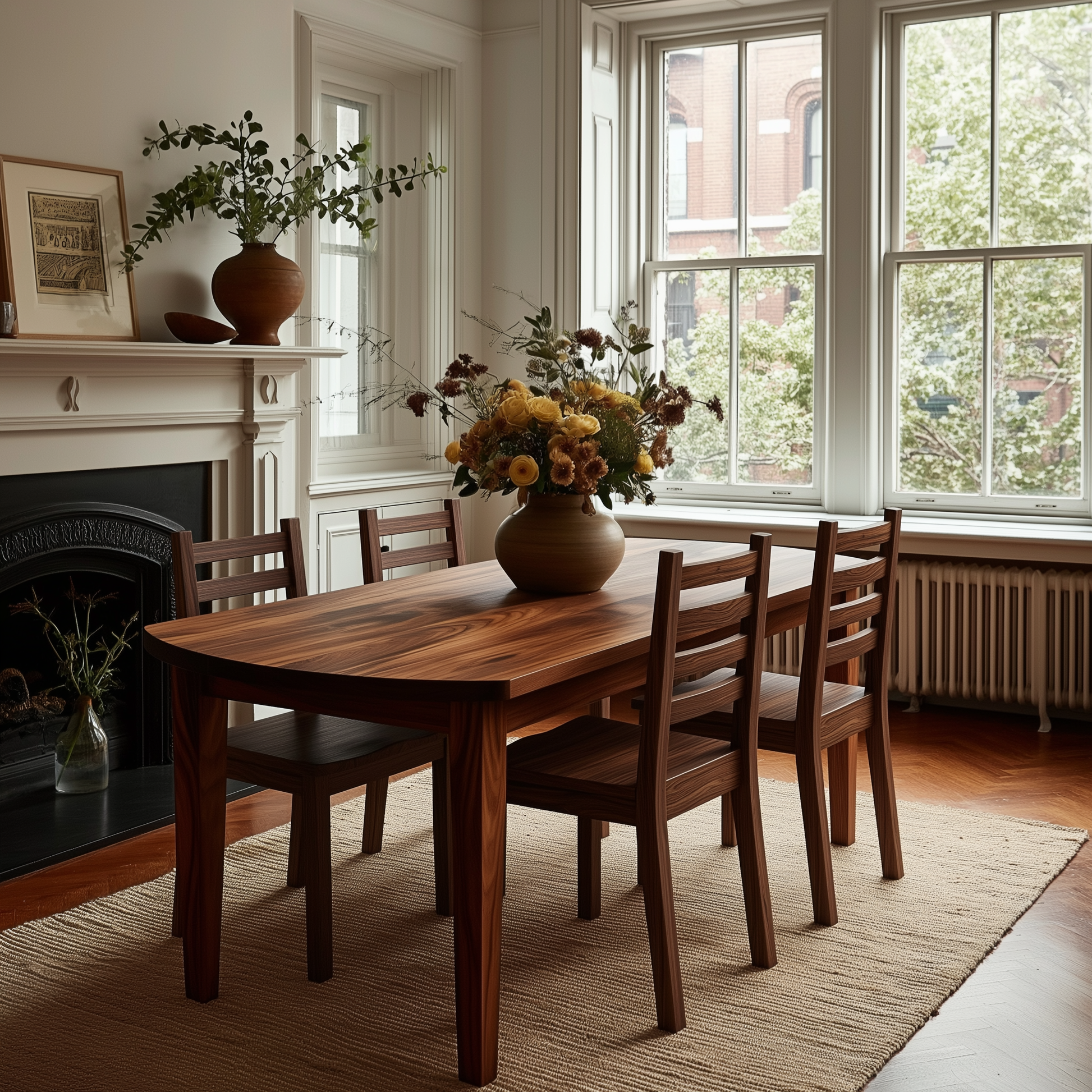 Dining room with wooden table and chairs, vase of flowers, and fireplace.
