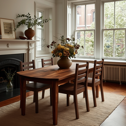 Dining room with wooden table and chairs, vase of flowers, and fireplace.