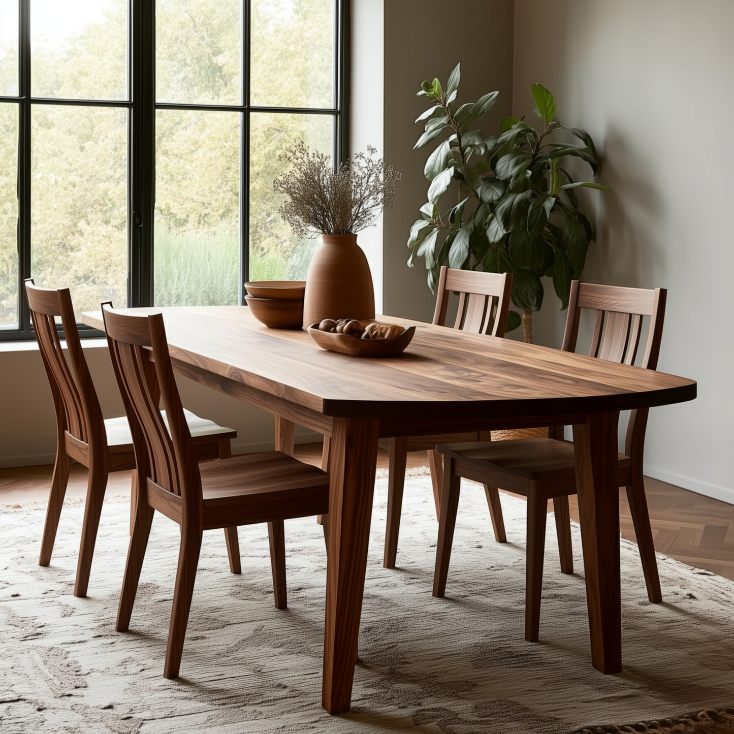 Wooden dining table with chairs in a room with large windows and plants.