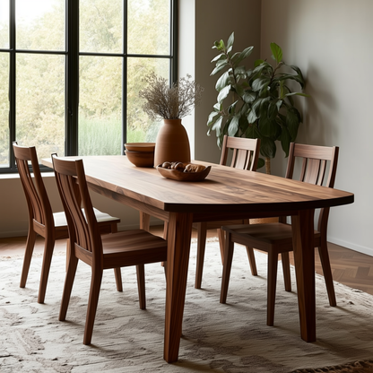Wooden dining table with chairs in a room with large windows and plants.