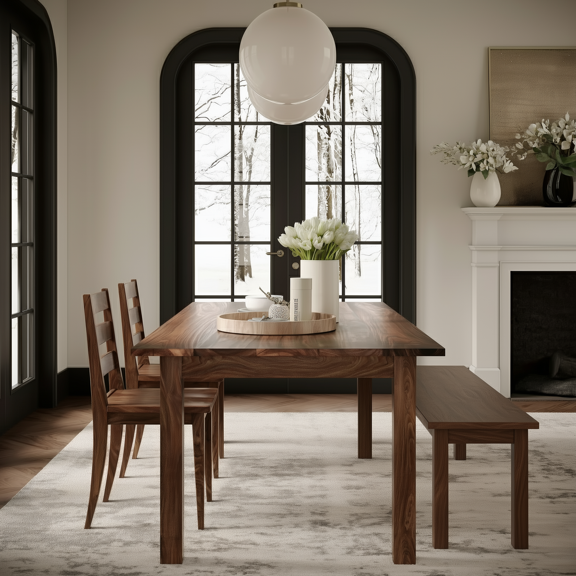 Walnut dining table with a matching bench and chairs in a upscale dining room with large windows